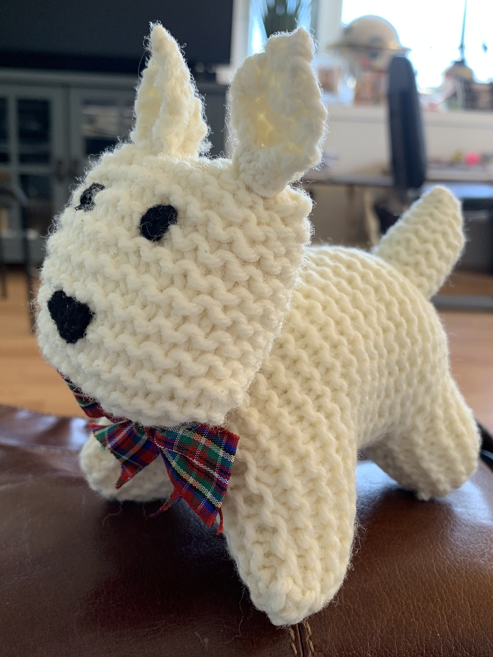 Hand-Knit Cream Scottie Dog Plush with Plaid Bow